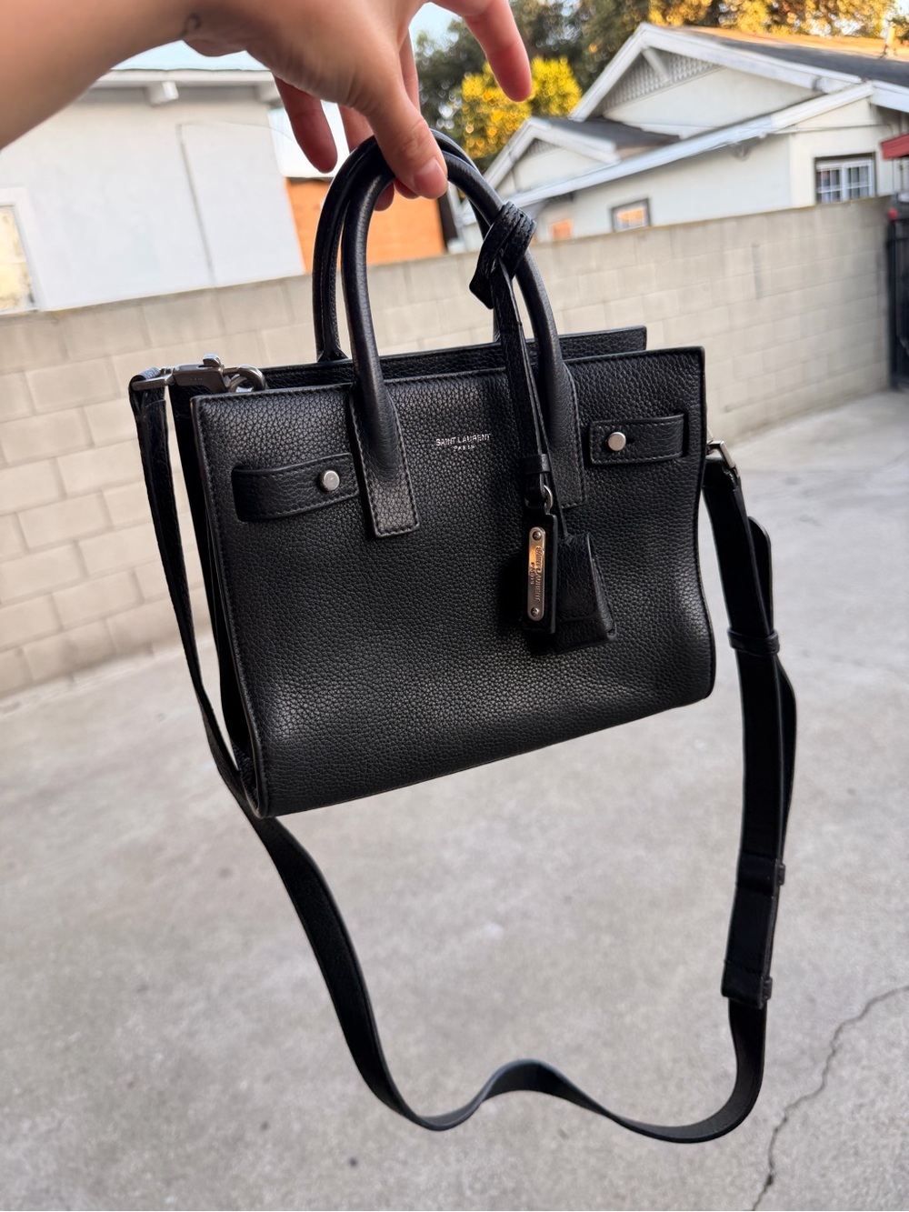 AUTHENTIC Saint Laurent Black Pebbled Leather Messenger Tote with Shoulder Strap